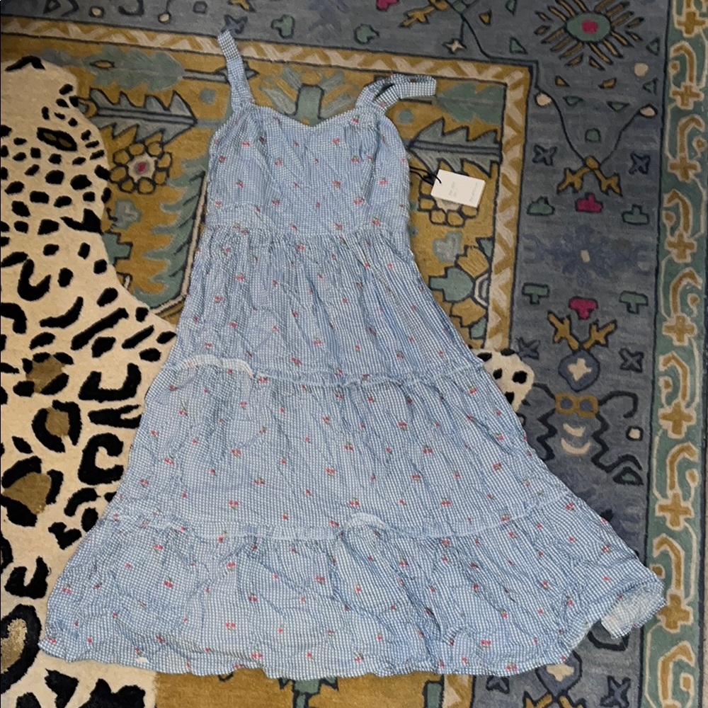 Japna Blue & White Striped Sundress with Pink Floral Accents